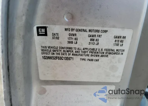 2003 Oldsmobile Alero Gx z USA, uszkodzony, nr VIN 1G3NK52F63C135971